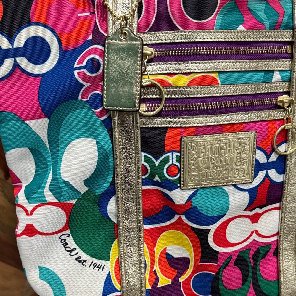 Coach Certified Authentic Multicolor Signature Tote with Gold Leather Straps - Picture 4 of 14